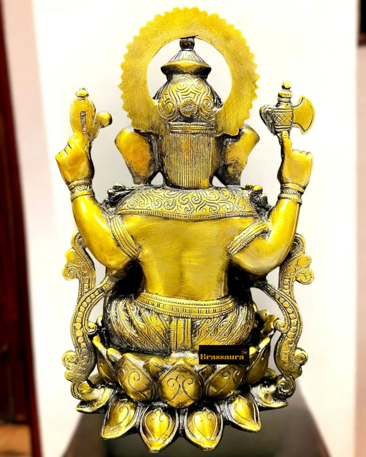 Brassaura™ Pure Brass Ganesha Idol on Lotus Base – Height 12 Inches, Weight 8 Kgs