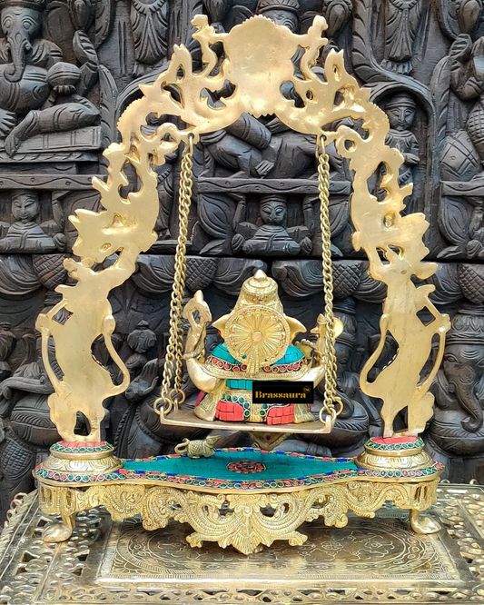 Brassaura™ Brass Lord Ganesha Swing with Multicolor Stonework – 18 Inch Height | 7.5 Kg | Elegant Home Decor & Gift