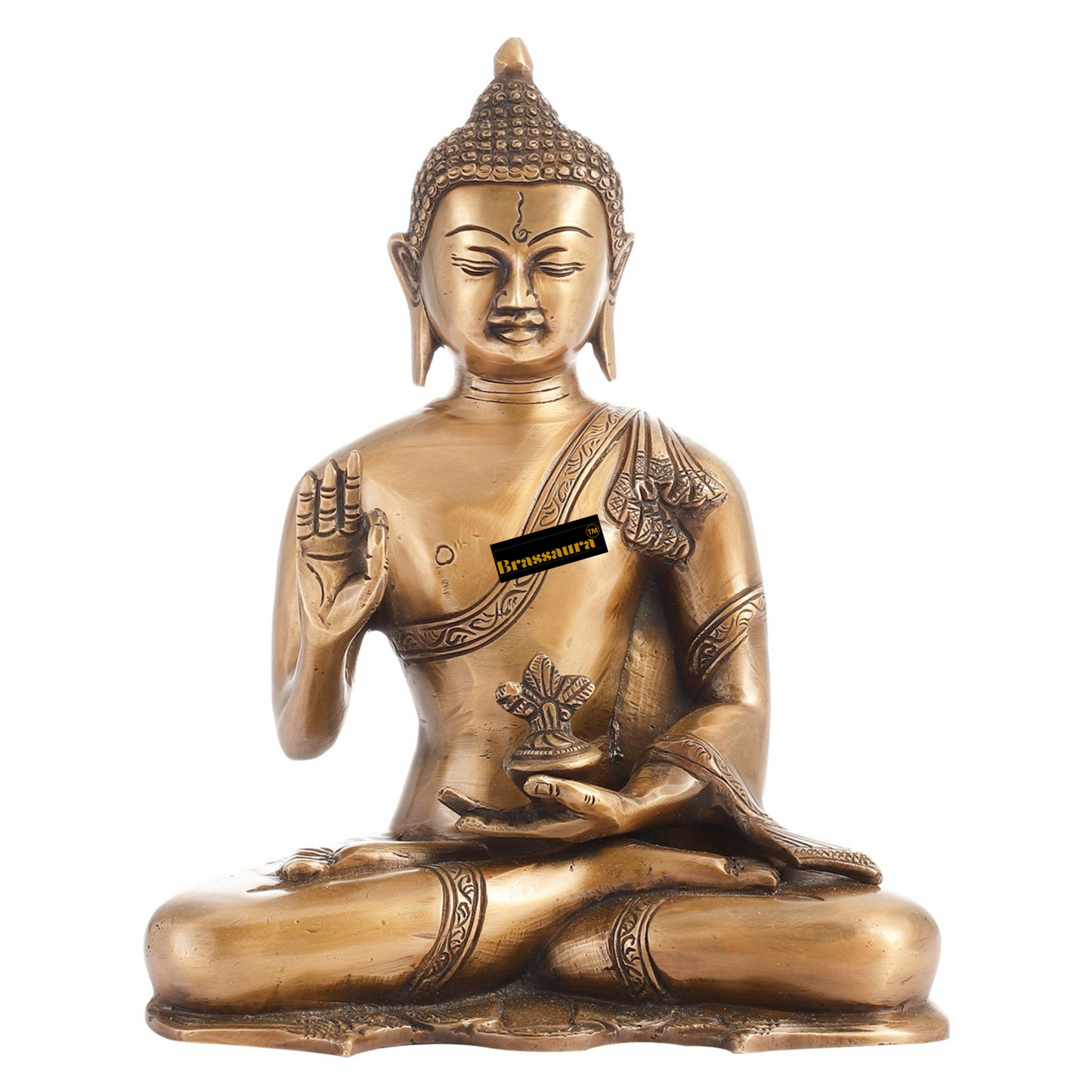 Brassaura™ Smooth Matte Gold Brass Buddha Statue – Abhaya Mudra – Height 10.5 Inches, Weight 5.5 Kgs