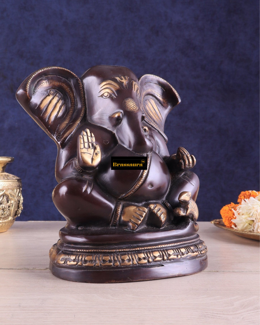 ब्रासुर® अनोखी पीतल की भगवान गणेश की प्रतिमा गोल बेस पर - 8" ऊंचाई - विंटेज फ़िनिश