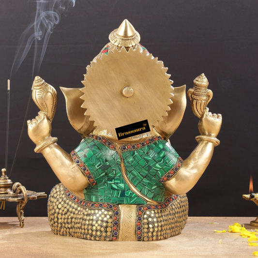 Brassaura™ Ganapati Brass Idol – Intricate Stonework | Height 12 Inches, Weight 9 Kgs