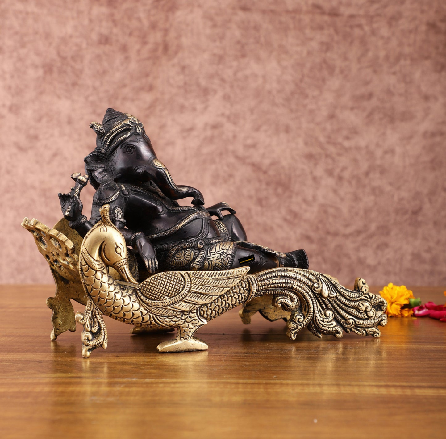 Brassaura™ Black Gold Brass Lord Ganapathi Statue – 7.5 Inch Height | 4.5 kg | Peacock Throne | Handcrafted Spiritual Décor