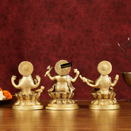 Brassaura™ Brass Trio – Ganesha, Lakshmi & Saraswati Idols | Height 5 Inches, Weight 3 Kgs | Auspicious Set