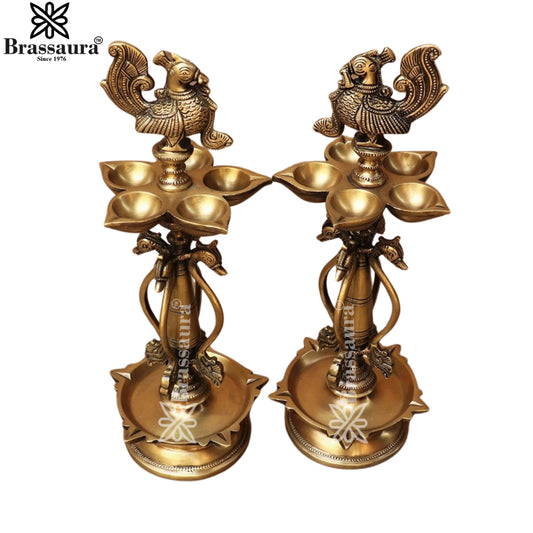 Brassaura® Pair of Peacock Brass Diyas (Nilavilakku) | Pure Superfine Brass Handcrafted Murti | Brass Statue for Home Temple, Pooja Room | Height 14 Inches | Weight 6 Kgs