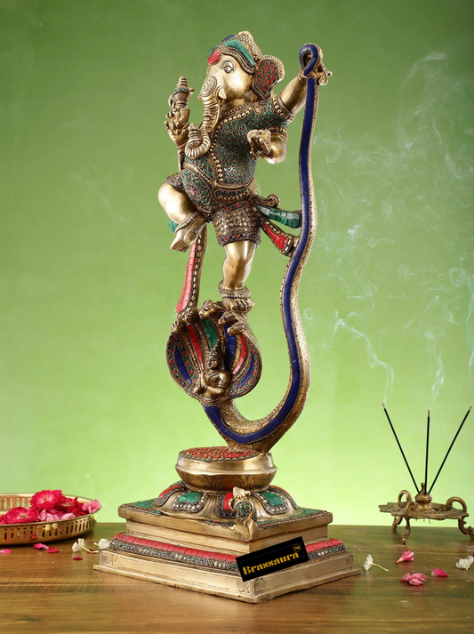 Brassaura™ Brass Ganapathi Dancing on Vasuki Nag Statue with Meenakari Stonework – 26.5 Inch Height | 18 Kg