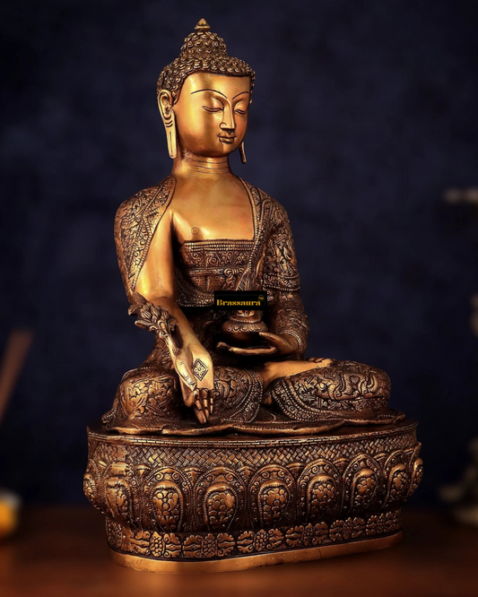 Brassaura™ Pure Brass Buddha Idol with Robe Carvings – Height 22 Inches, Weight 18 Kgs