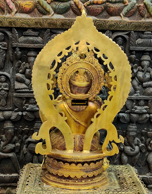 Brassaura™ Brass Ganesha Statue on Round Throne with Prabhavali – 26 Inch Height | 33 Kg | Modak & Mooshak Detailing