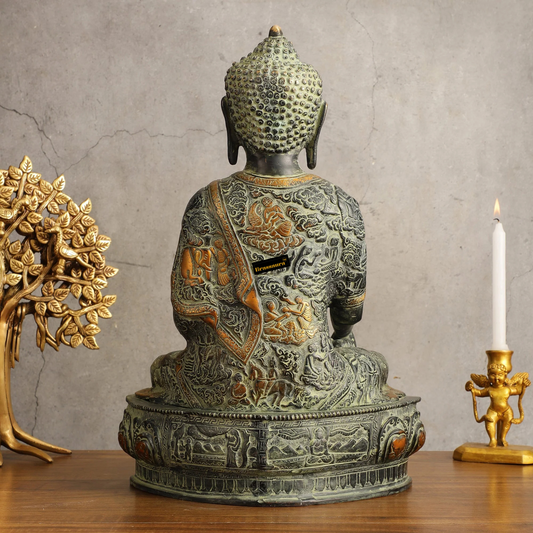 Brassaura™ Pure Brass Buddha in Bhumisparsha Mudra – Antique Sand Finish – Height 15.5 Inches, Weight 7.81 Kgs