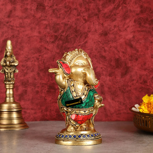 Brassaura™ Handcrafted Brass Ganesha Idol – Meenakari Stonework | Height 5 Inches, Weight 1 Kg