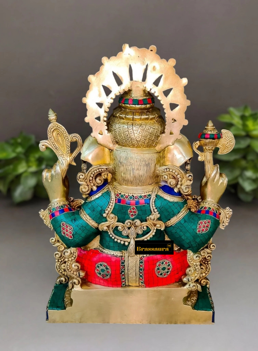 Brassaura™ Large Brass Ganapati Blessing Idol with Spectacular Stonework – 21 Inch Height | 28 Kg | Premium Finish