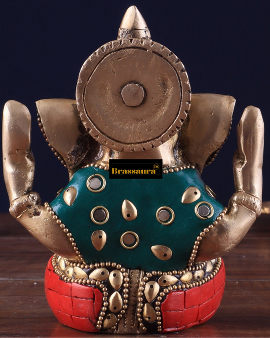Brassaura™ Small Pure Brass Lord Ganesha Idol – 5 Inch Height | 0.8 kg | Intricate Stonework | Spiritual Décor