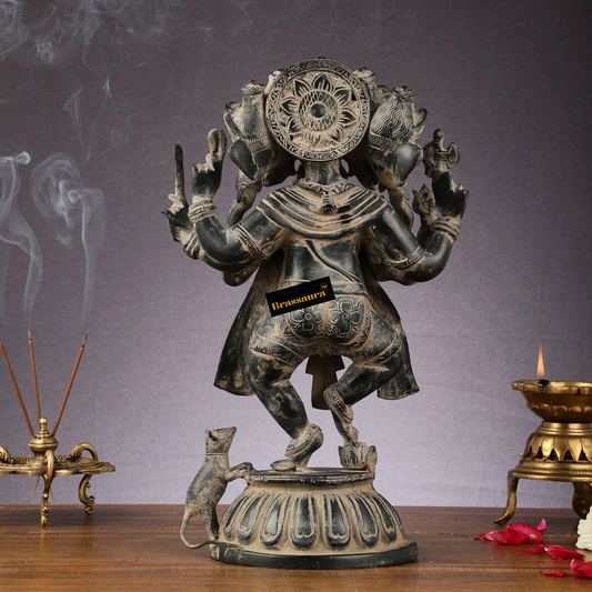 Brassaura™ Brass Panchmukhi Dancing Ganesha Statue – Black White Sand Finish | Height 15 Inches, Weight 8 Kgs