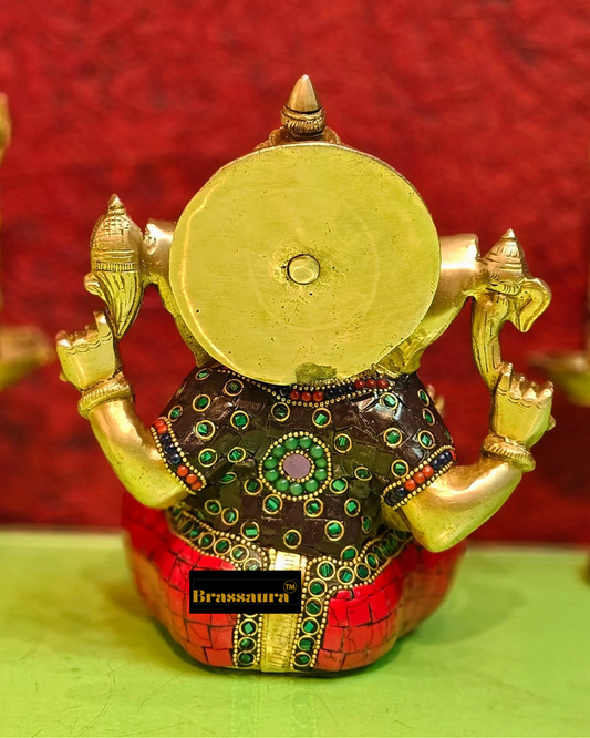 Brassaura™ Brass Taj Ganesha Idol with Stonework – Height 8 Inches, Weight 3 Kgs
