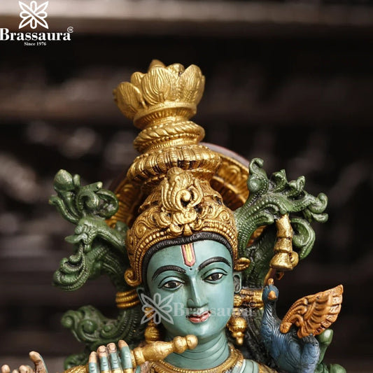 Brassaura® Lord Krishna Playing Flute with Cow Idol with Multi-Color Finish | Pure Superfine Brass Handcrafted Murti | Brass Statue for Home Temple, Pooja Room | Height 22 Inches | Weight 21.60 Kgs