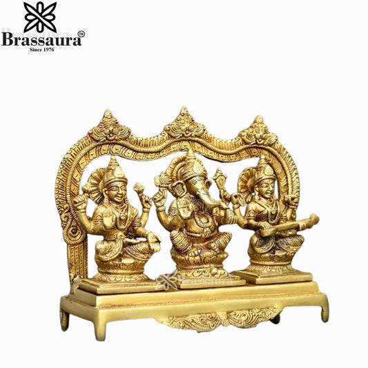 Brassaura™ Traditional Brass Laxmi Ganesha Saraswati Murti – Height 7.9 Inches & Weight 3.8 Kgs | Puja & Home Décor