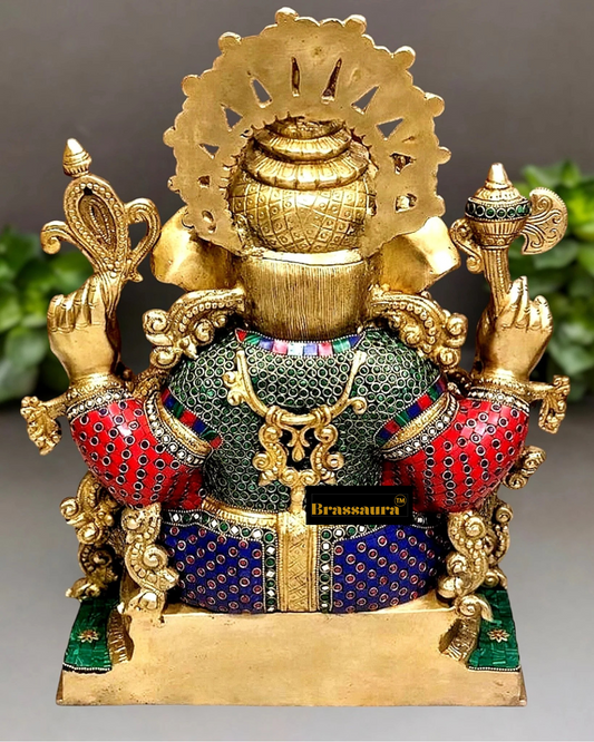 Brassaura™ Large Brass Ganapati Blessing Idol with Intricate Stonework – 21 Inch Height | 28 Kg | Majestic Spiritual Decor
