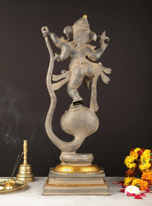 Brassaura™ Brass Dancing Ganapathi on Vasuki Naga – Antique Sandstone Finish | Height 26.5 Inches, Weight 18 Kgs