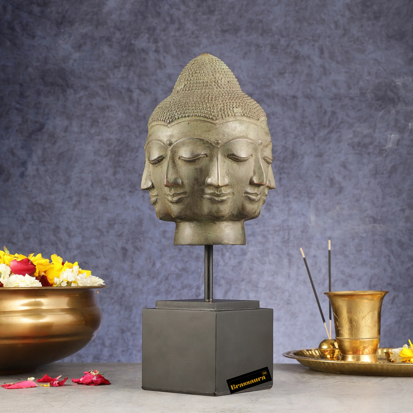 Brassaura™ Vintage Indonesian Bronze Buddha Bust Table Accent – Height 14.5 Inches, Weight 1.26 Kgs