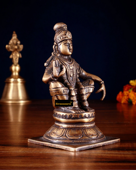 Brassaura™ Brass Lord Ayyappan Idol – 5 inch | 0.83 kg | Burnt Brass Finish for Home Temple & Spiritual Decor