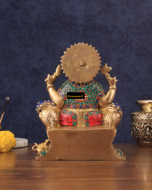 Brassaura™ Handcrafted Brass Ganesha Idol – 10" Height, 5 kg – Meenakari Stonework for Home & Office Décor