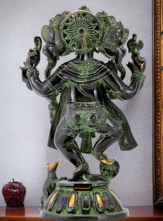 Brassaura™ Brass Panchmukhi Dancing Ganesha – Antique Green & Gold Finish | Height 15 Inches, Weight 8 Kgs