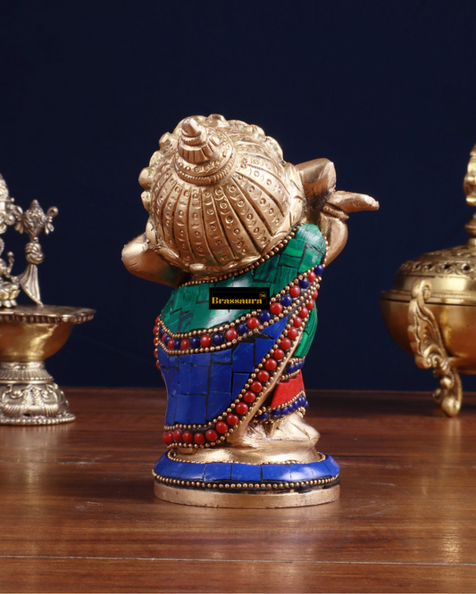 Brassaura™ Meenakari Brass Ganesha Idol – 5 Inch Height | 1 kg | Handcrafted with Stonework