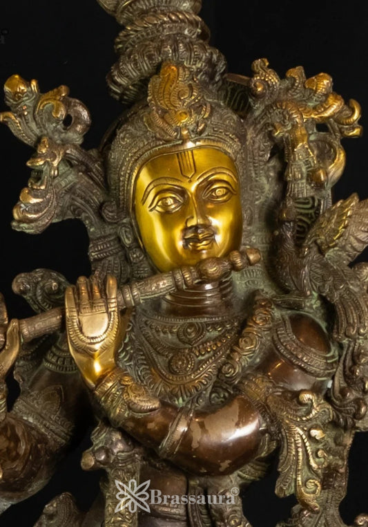 Brassaura® Lord Krishna Playing Flute Idol with Ornamental Floral Vines | Pure Brass Handcrafted Antique Brown & Golden Finish Murti for Home Temple & Luxury Décor | Height 29 Inches | Weight 15 Kgs