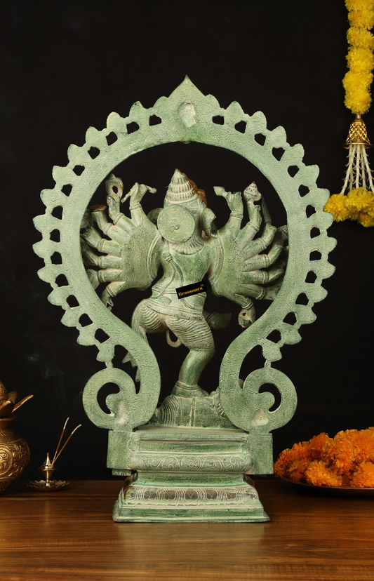 Brassaura™ Pure Brass Dancing Ganesha Statue – 25.5 Inch Height | 24 kg | 16 Arms & Fire Ring | Antique Green Patina Sandstone Finish