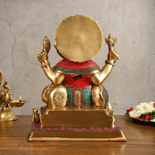 Brassaura™ Superfine Brass Ganesha Idol with Fruit Bowl & Modak Thali – 13 Inch Height | 12 Kg | Intricate Stonework
