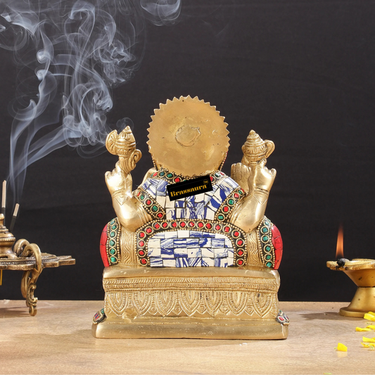 Brassaura™ Pure Brass Lord Ganesha Statue – Mosaic Work | Height 8 Inches, Weight 3.5 Kgs