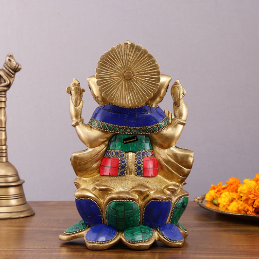 Brassaura™ Brass Gemstone Work Ganesha Idol – 10 Inch Height | 4.5 kg | Multi-Coloured | Good Luck Statue for Home Decor, Diwali, Housewarming & Wedding Gift