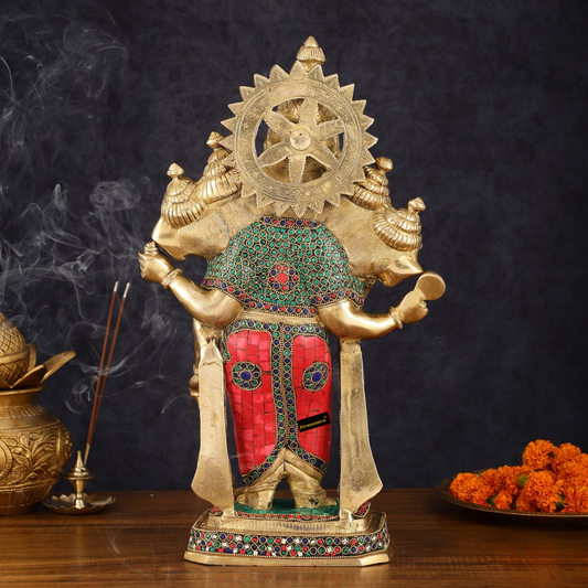 Brassaura™ Brass Superfine Standing Panchmukhi Ganesha Statue – 19" Height, 12.15 kg – Intricate Stonework