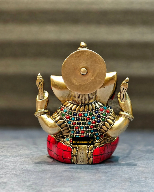 Brassaura™ Pure Brass Ganesha Idol with Meenakari Stonework – Height 6 Inches & Weight 1.8 Kgs