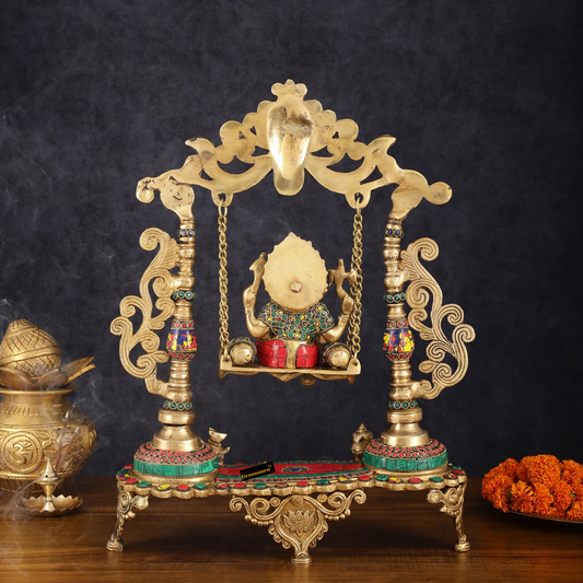 Brassaura™ Kirtimukha Ganesha on Swing – 20" Height, 4kg Weight Superfine Brass – Handcrafted with Stonework Elegance