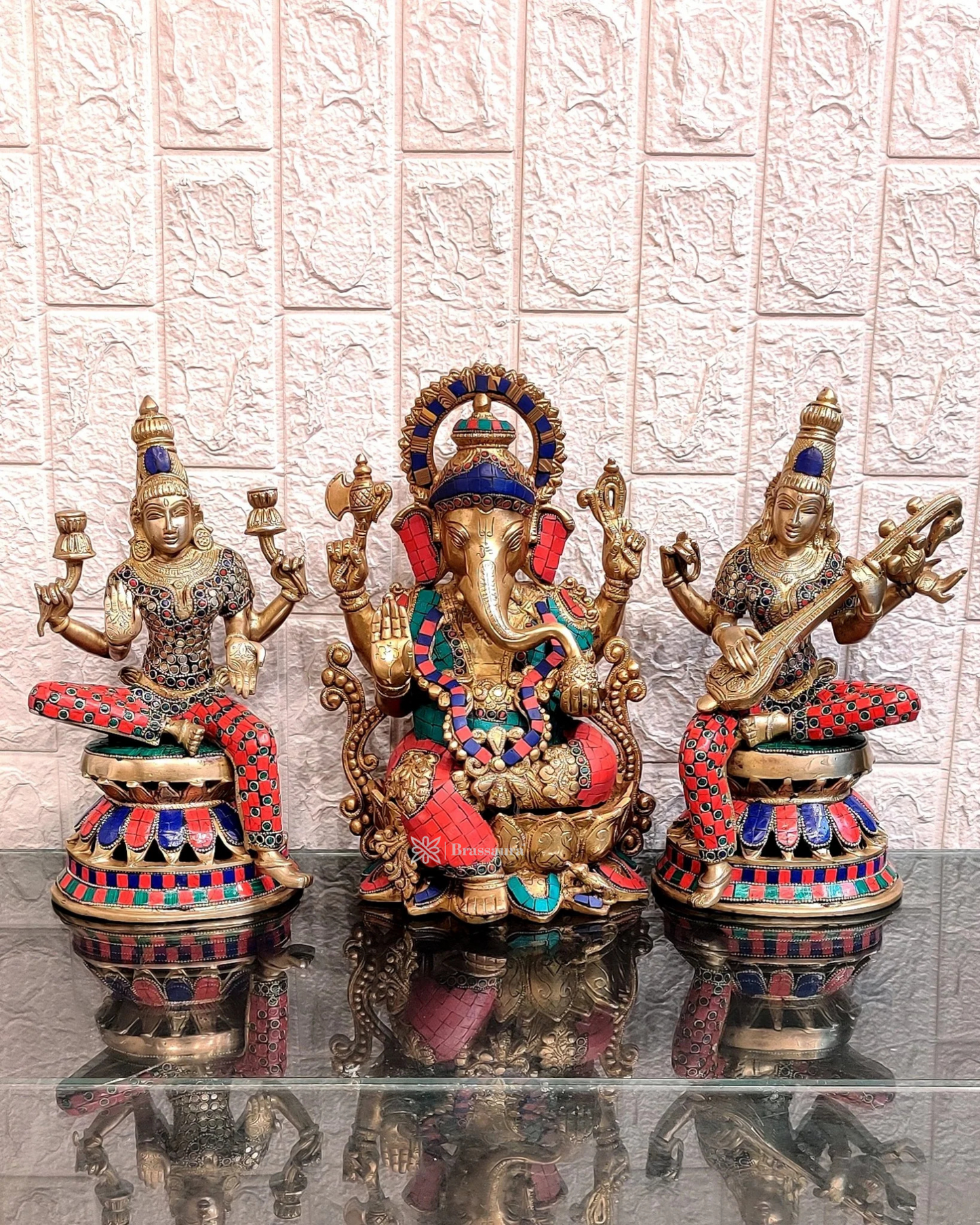 Brassaura™ Brass Ganesha, Lakshmi & Saraswati Idol Set – Height 12 Inches | Total Weight 20 Kgs