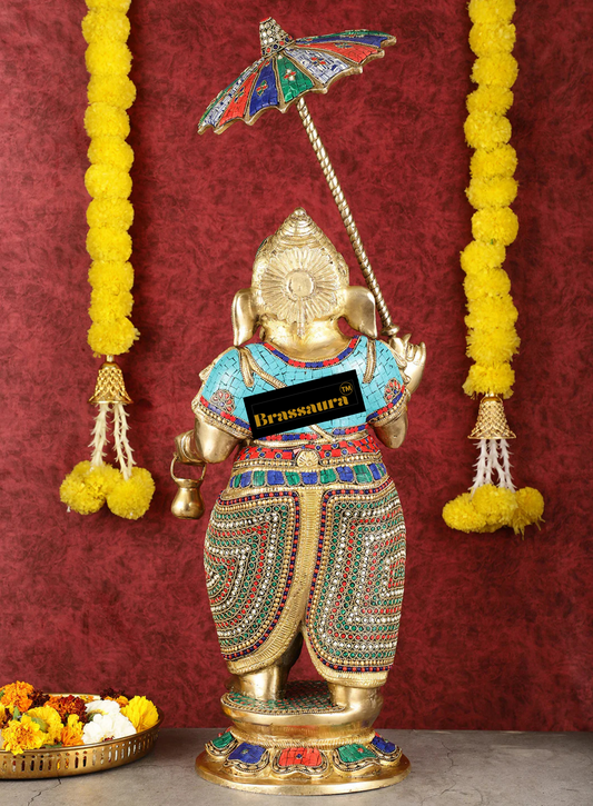 Brassaura™ 29-Inch Standing Lord Ganesha Statue – Meenakari Stonework | Height 29 Inches, Weight 17 Kgs