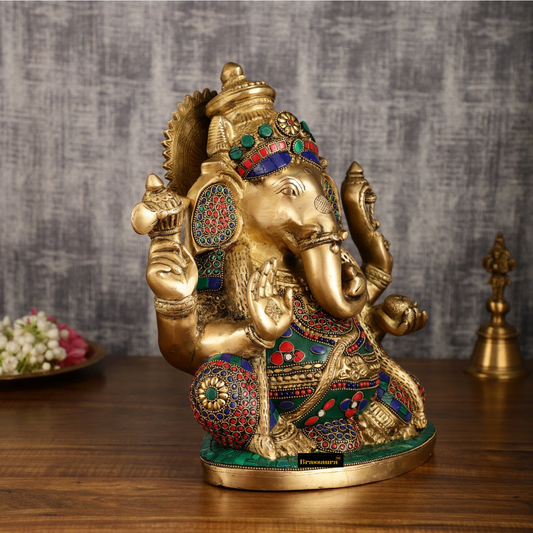 Brassaura® नगर गणपति ब्रास स्टैच्यू मीनाकारी के साथ – 13.2" ऊँचाई – कोबरा नाग से सुसज्जित दिव्य प्रतिमा
