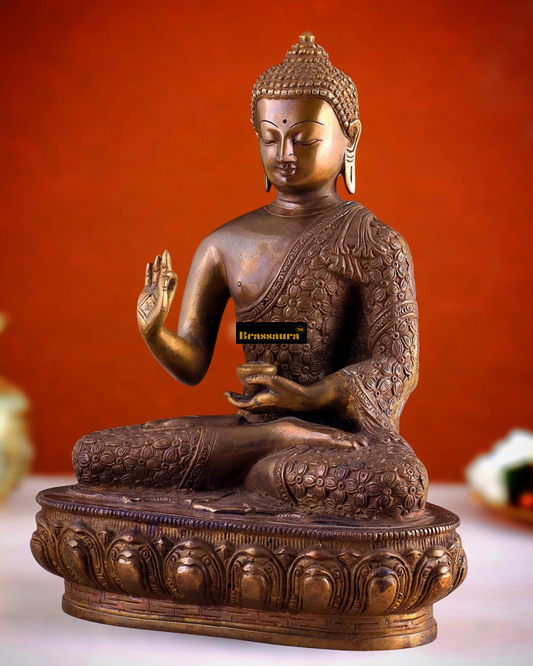 Brassaura™ Pure Brass Antique Buddha Blessing Statue – Height 13.5 Inches, Weight 6.8 Kgs