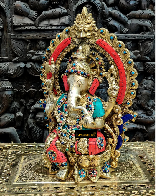 Brassaura™ Pure Brass Ganapati Statue on Lotus Throne with Prabhavali Arch – 15.5 Inch Height | 12 Kg | Meenakari Stonework