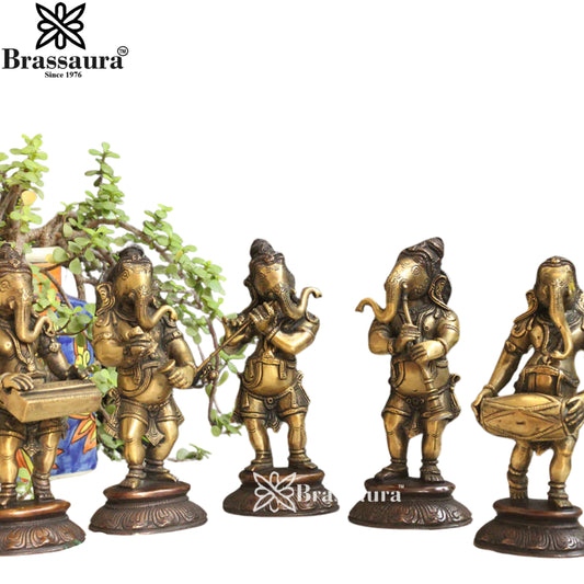 Brassaura™ Set of 5 Brass Musical Ganesha Idols | Height 7 Inches & Combined Weight 8.25 Kgs