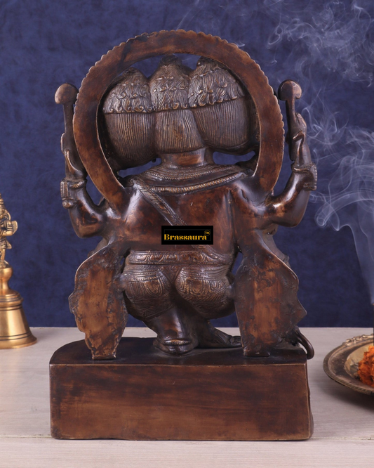 Brassaura™ Vintage Brass Trimukha Ganapati Sculpture – 12 Inch Height | 7 kg | Three-Faced Ganesha | Symbol of Wisdom & Prosperity