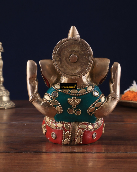 Brassaura™ Small Pure Brass Lord Ganesha Idol – 5 Inch Height | 0.8 kg | Intricate Stonework | Spiritual Home & Office Décor