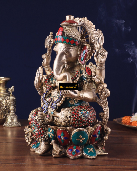 Brassaura™ Handcrafted Pure Brass Ganesha Idol with Meenakari Stonework – 12.25" Height, 8 kg – Lotus Base Masterpiece