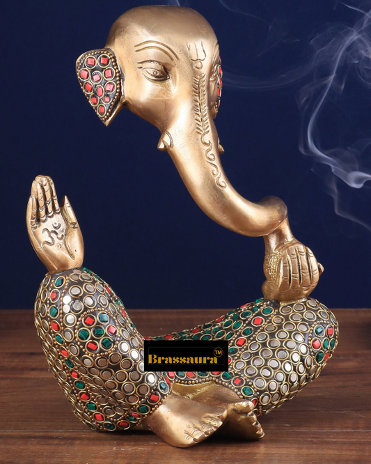 Brassaura™ Brass Ganesha Idol with Meenakari Stonework – Height 8.5 Inches, Weight 2.6 Kg – Multi-Coloured Home & Decor Statue