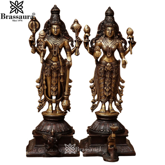 Brassaura™ Brass Vishnu Laxmi – Height 15 Inches & Weight 9.6 Kgs | Exquisite Traditional Brass Pair for Temple Spaces