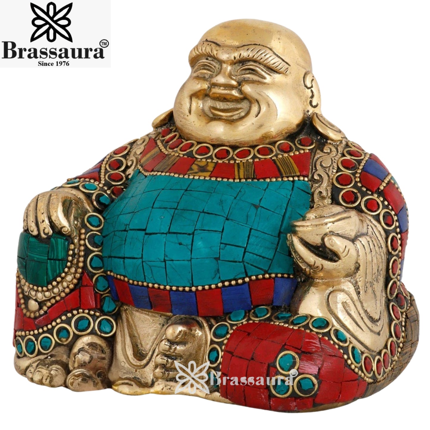 Brass Laughing Gem Stone Work Buddha Weight 1.4 kg & Height 4 Inch