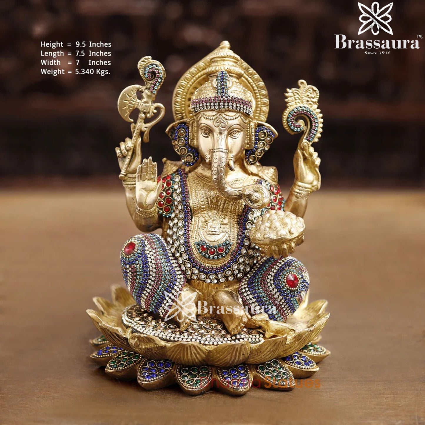 Brass Gem Stone Work Ganesha Weight 5.4 Kg & Height 9.5 Inch