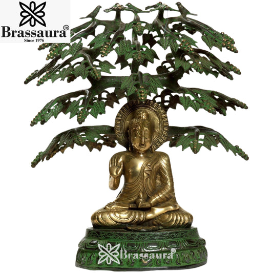 Brassaura™ Brass Buddha With Tree – Height 21 Inches & Weight 17 Kgs | Sacred Brass Artwork for Serenity & Harmony