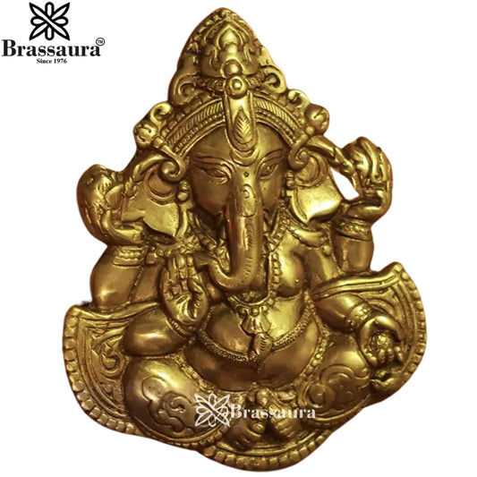 Brassaura™ Handcrafted Brass Ganesha Wall Hanging – Height 8 Inches & Weight 1 Kgs | Sacred Wall Décor