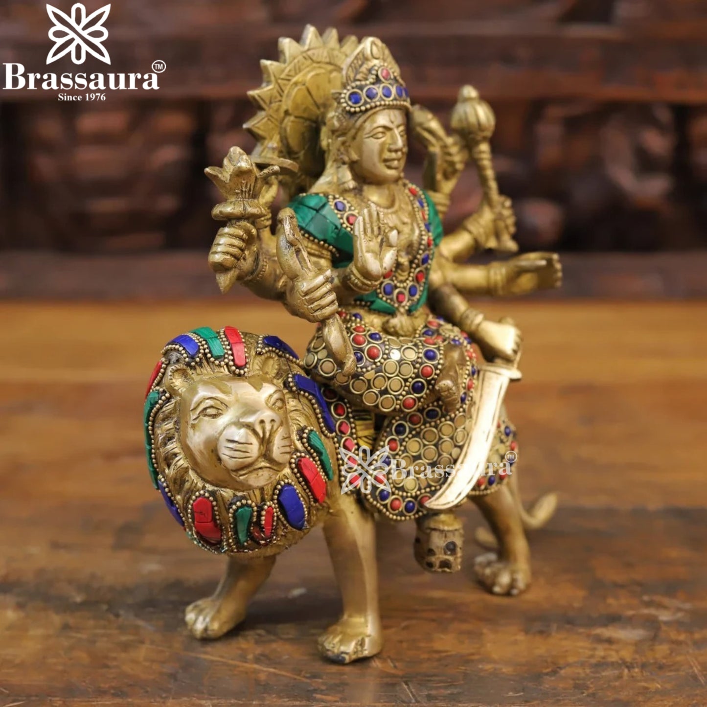 Brass Gem Stone Work Durga For Home And Décor Height 9 Inches & Weight 3.24 Kgs